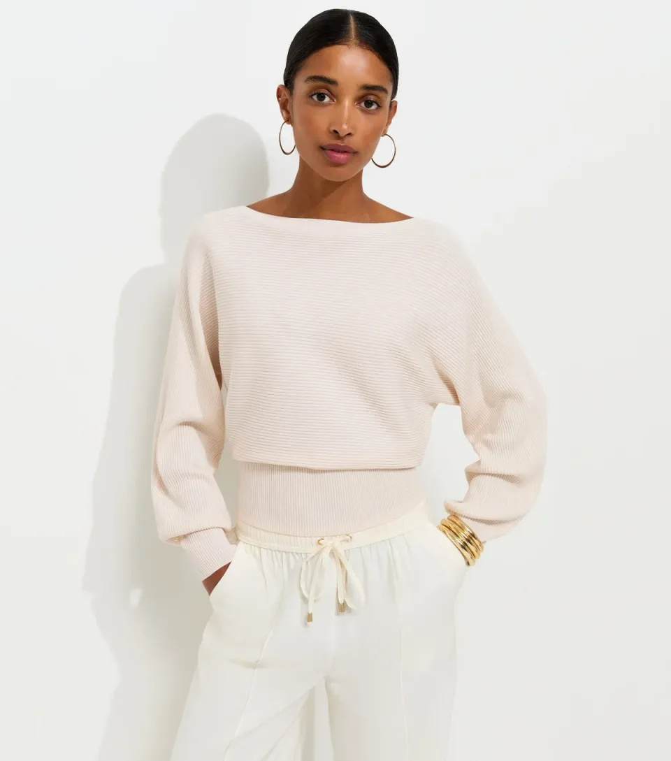 Women's Cream Lightweight Ribbed Knit Slash Neck Batwing Jumper