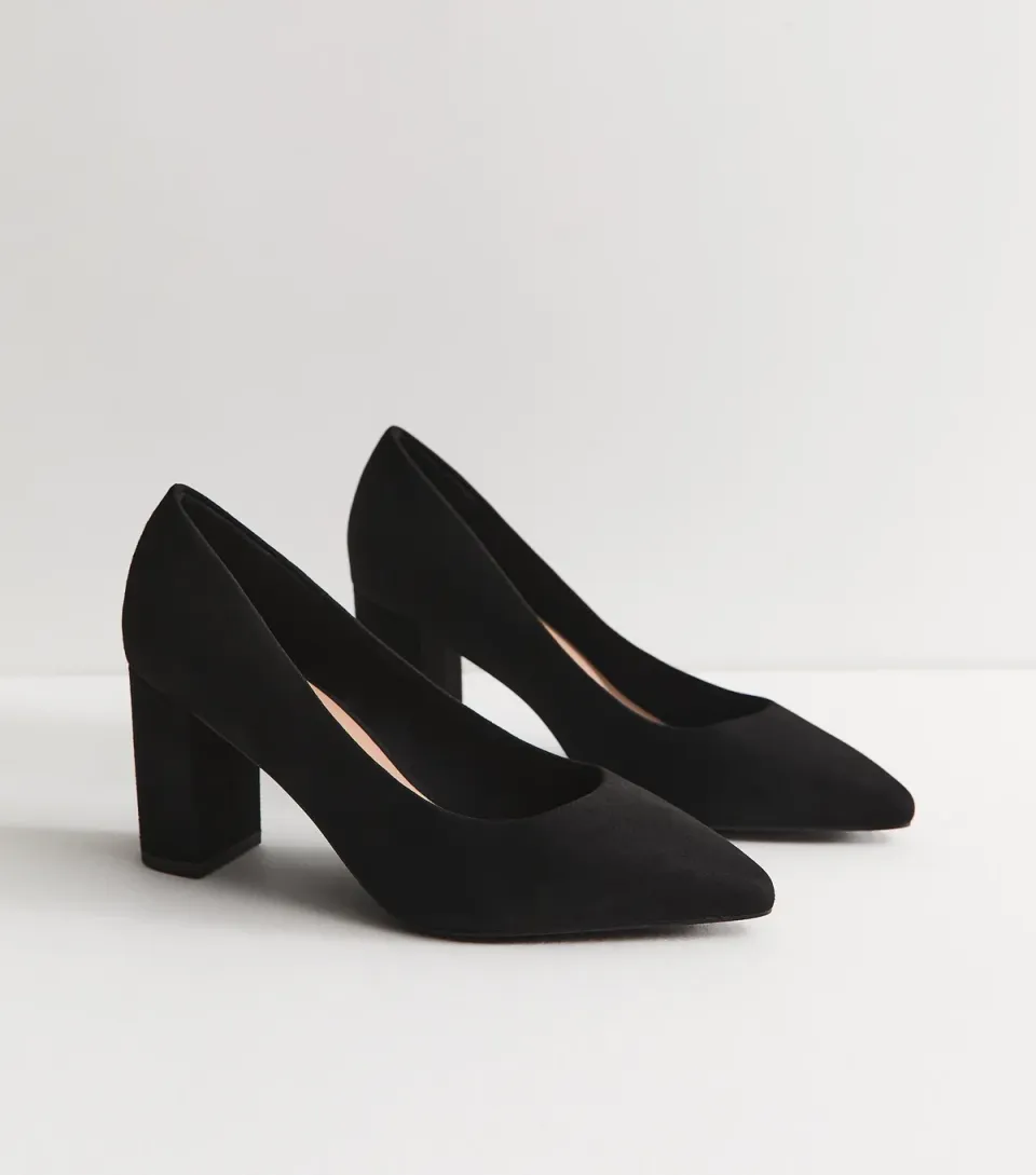 Women's Wide Fit Black Faux Suede Pointed Toe Court Shoes Vegan