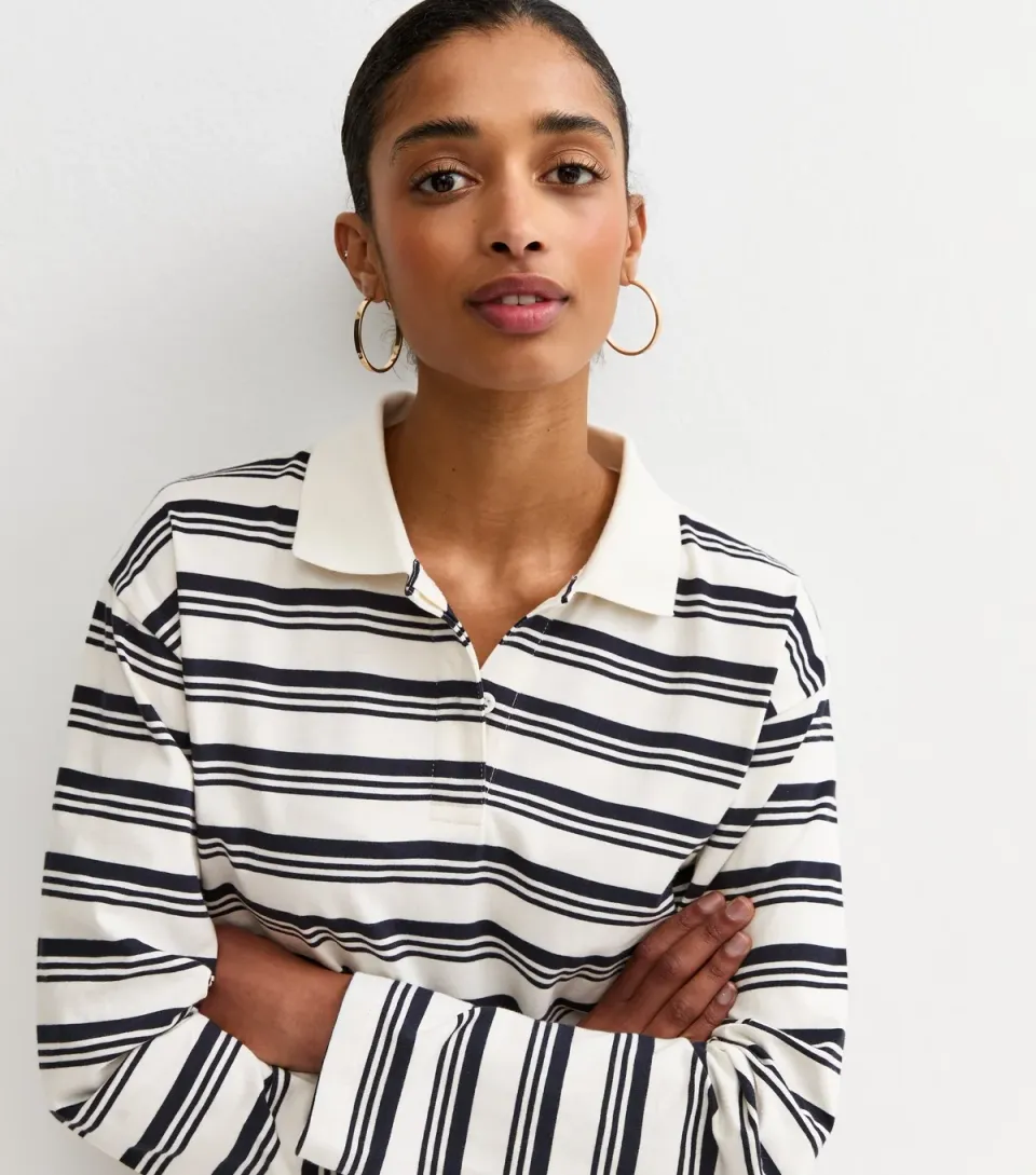 Women's Cream Cotton Striped Long Sleeve Rugby Top