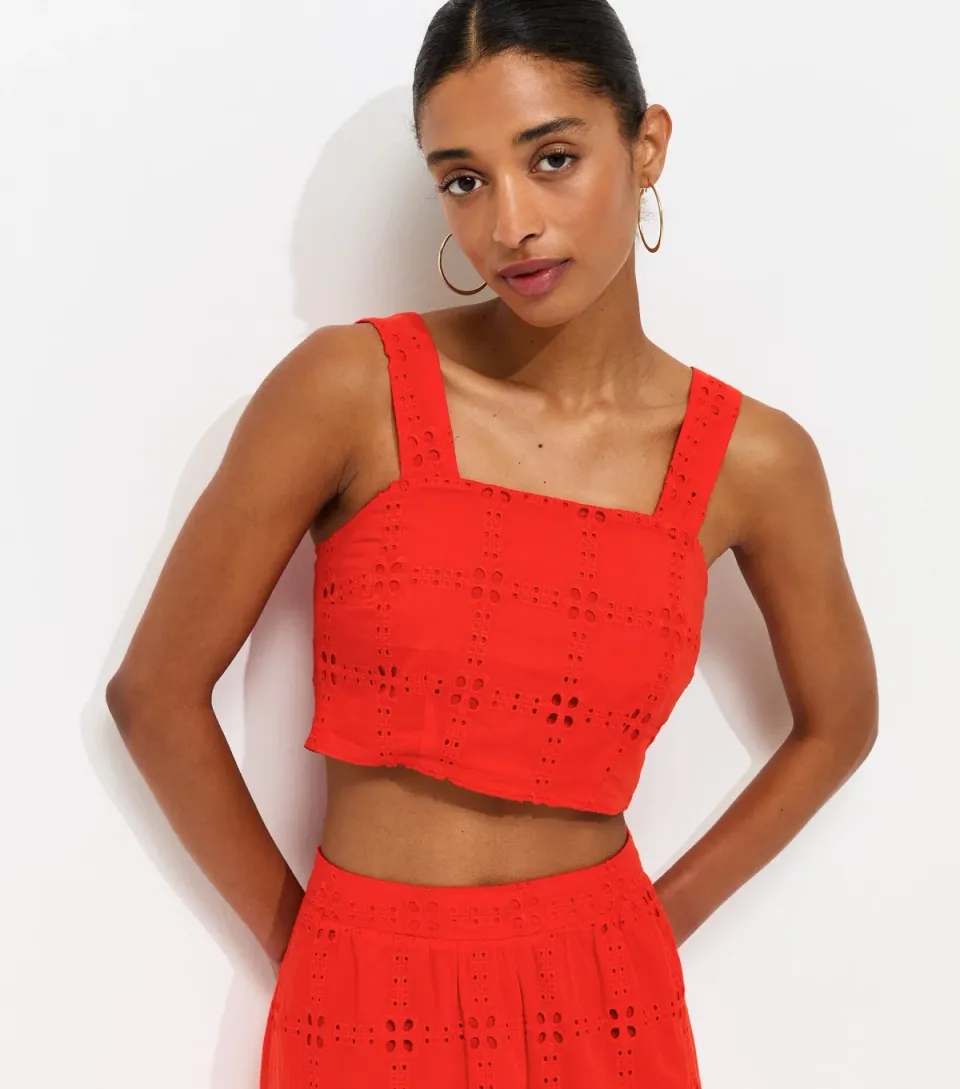 Women's Burnt Orange Cotton Grid Lace Cropped Cami Top