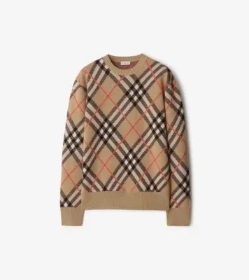 Check Wool Mohair Blend Sweater in Sand beige