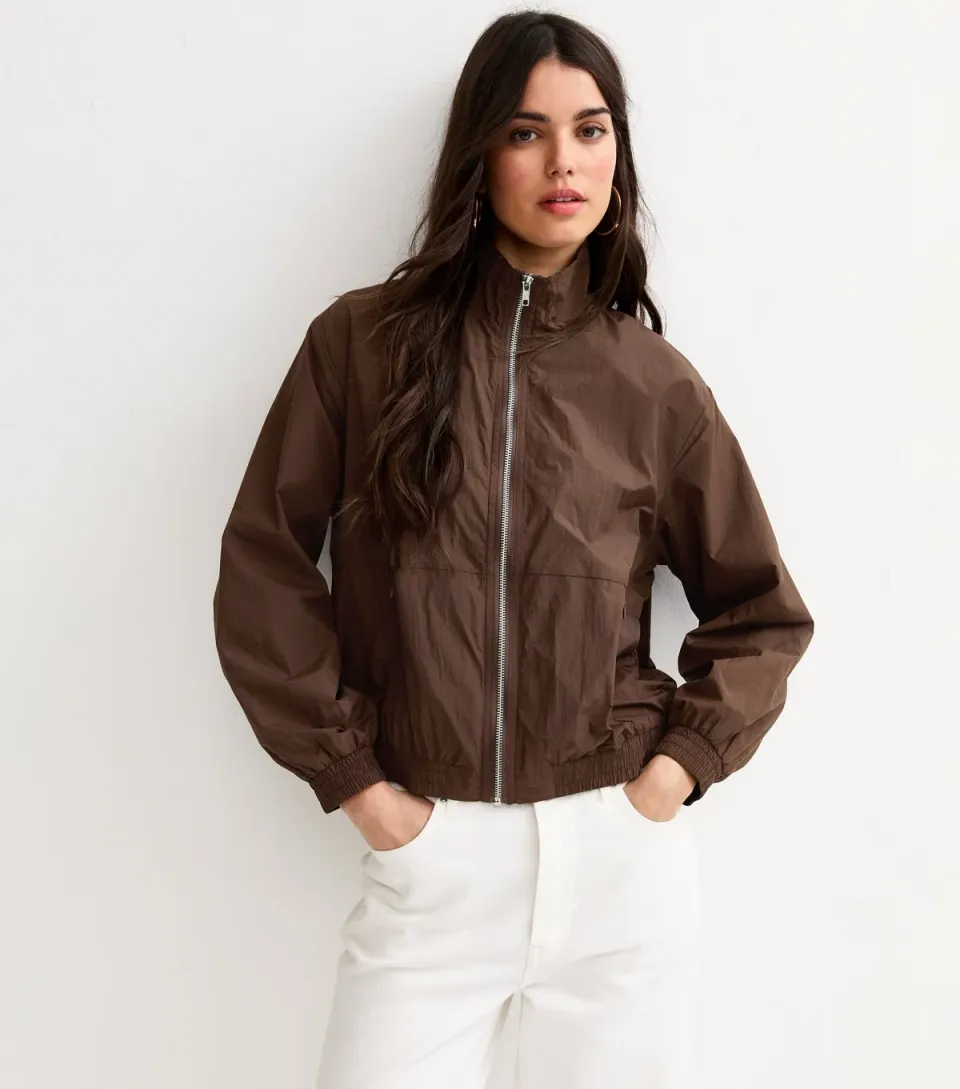 Women's Dark Brown Zip Through Funnel Neck Jacket