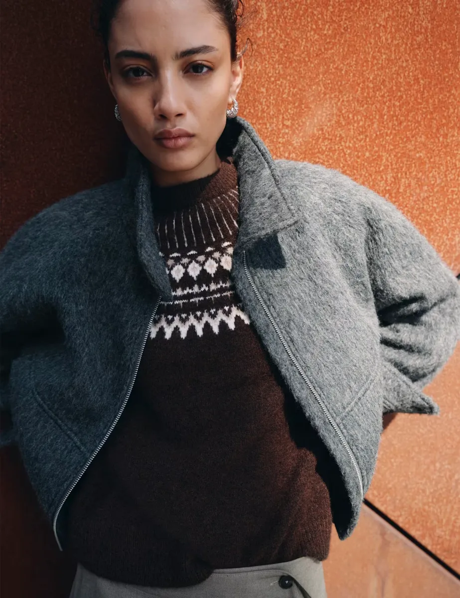 Fairisle Crew Neck Slim Fit Jumper with Wool Brown