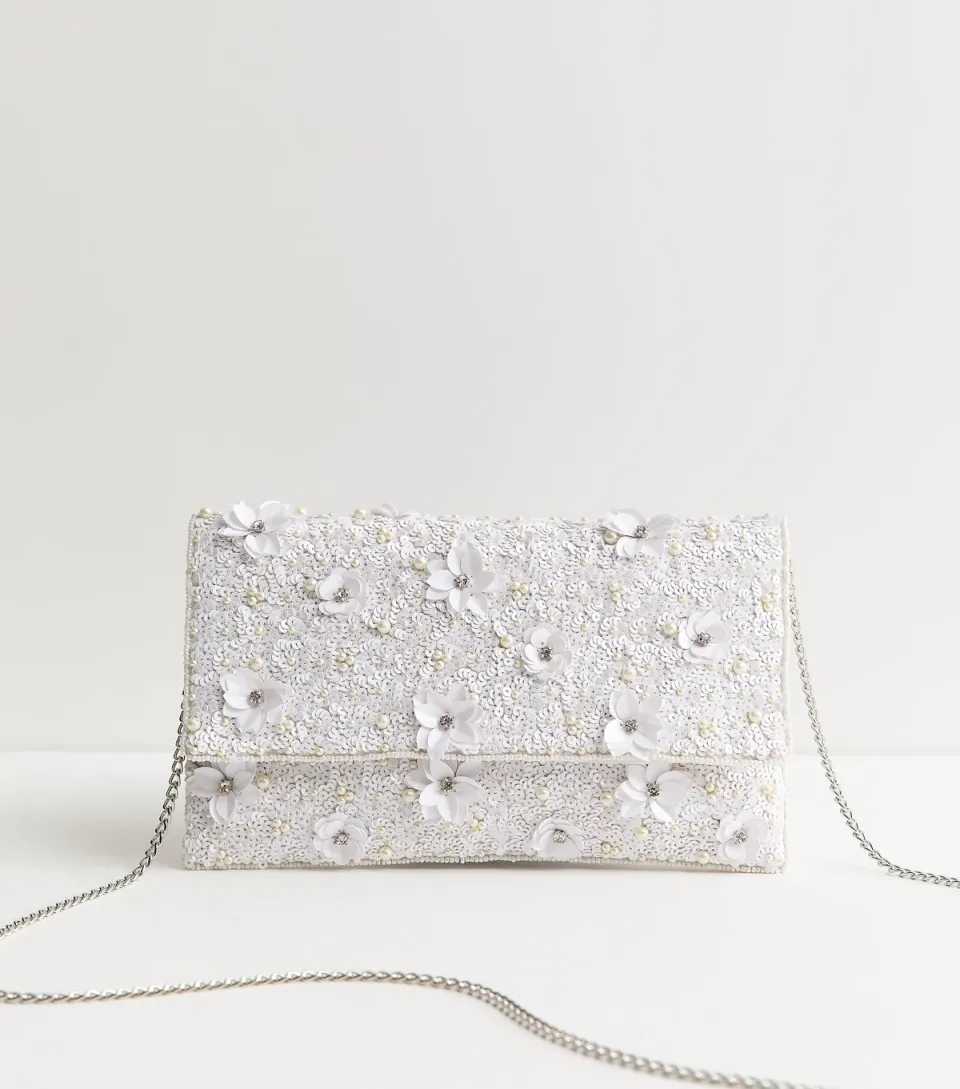 White Sequinned Floral Appliqued Envelope Clutch