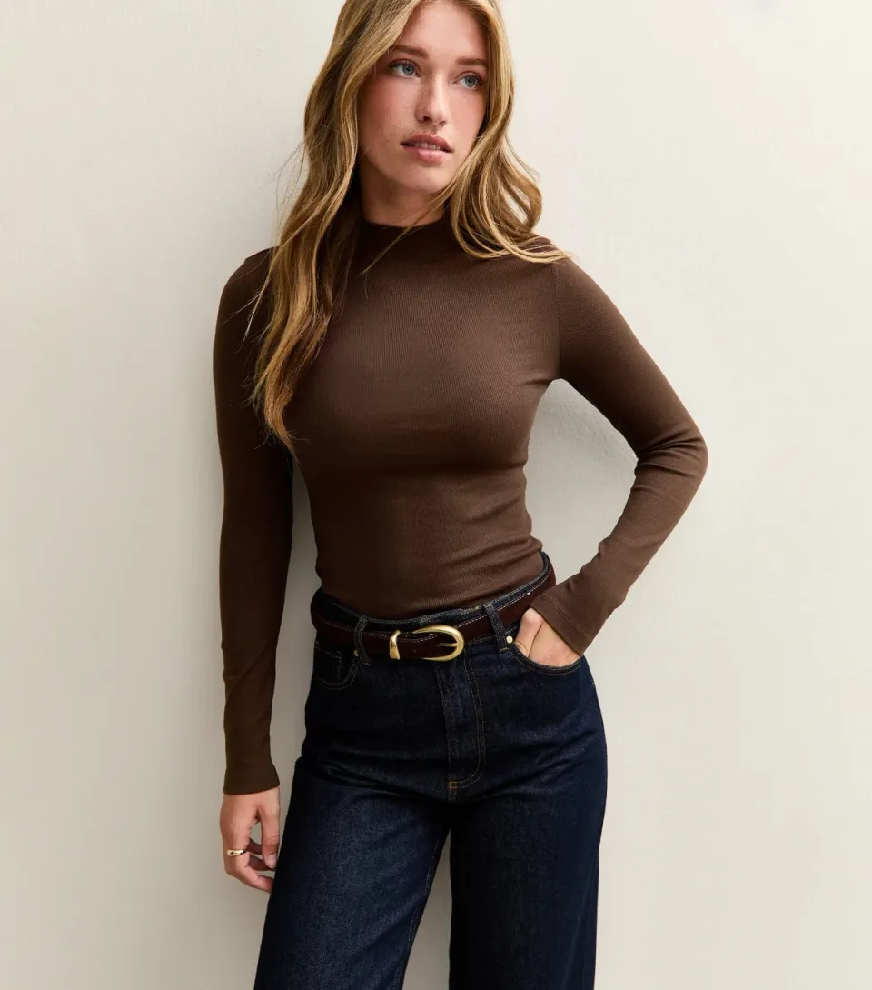 Women's Dark Brown Long Sleeve Roll Neck Top