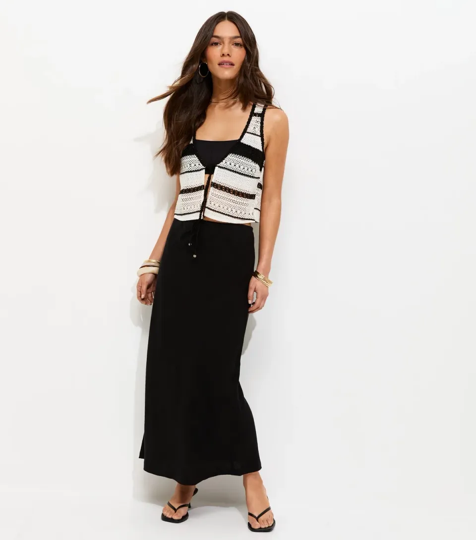 Women's Petite Black Linen Look Bias Cut Tie Waist Midi Skirt