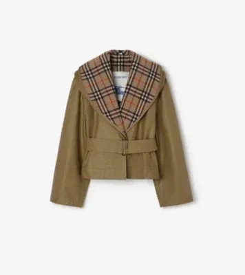 Cropped Cotton Jacket with Check Warmer in Lichen beige