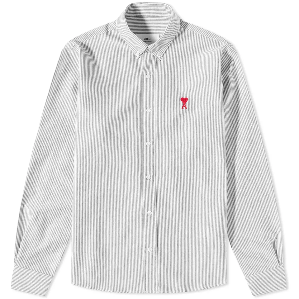 AMI Heart Striped Button Down Oxford Shirt