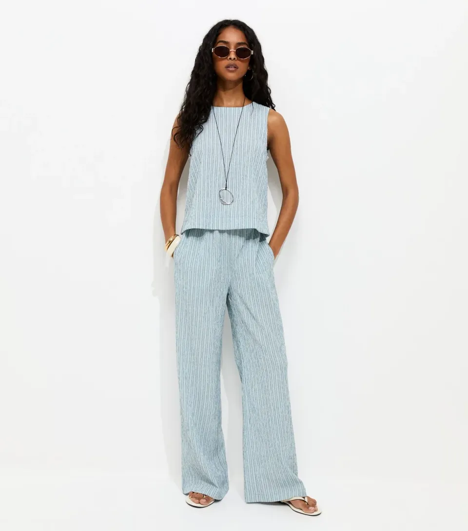 Women's Blue Textured Stripe Wide Leg Trousers