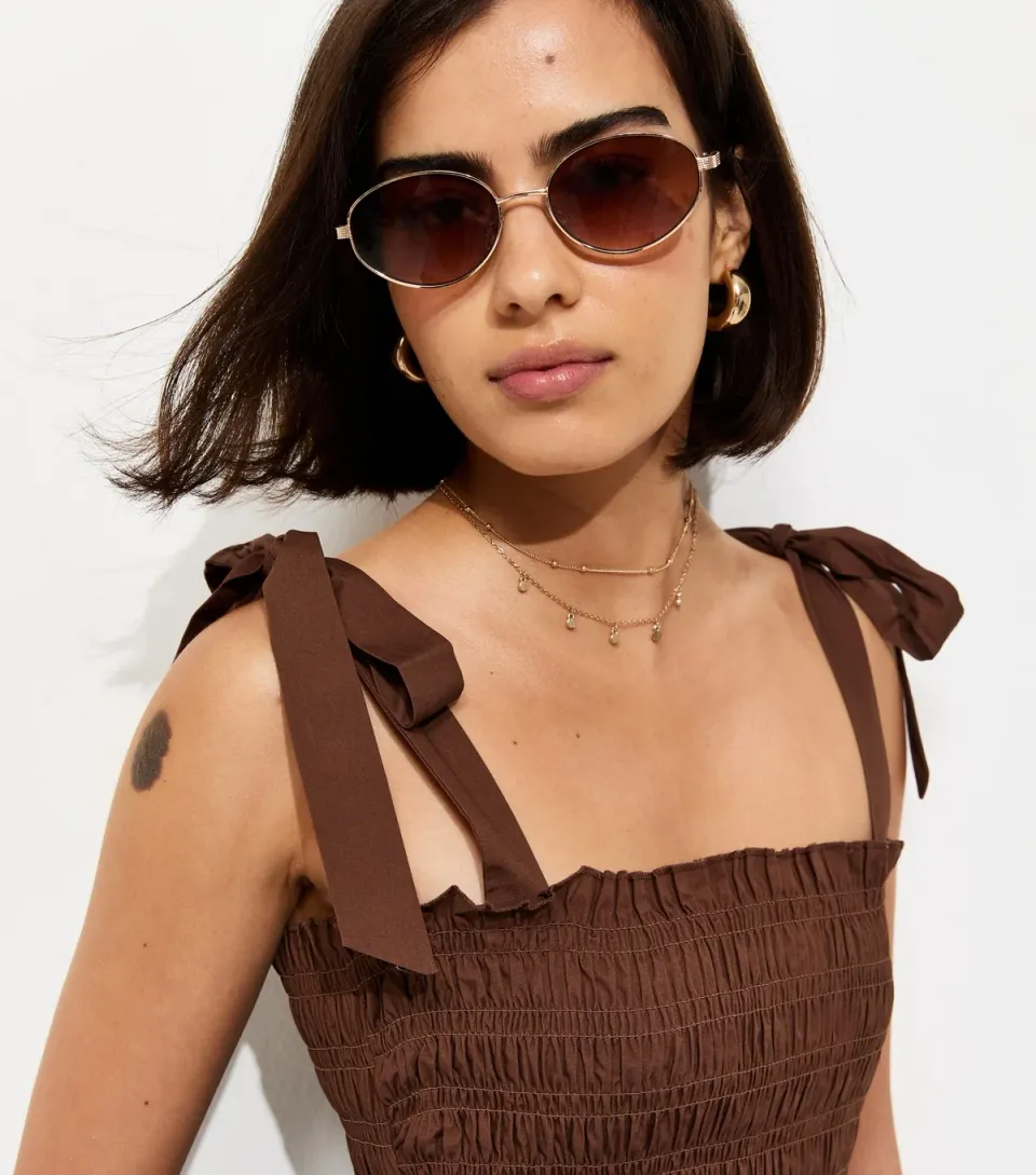 Women's Dark Brown Cotton Shirred Tie Strap Midi Dress