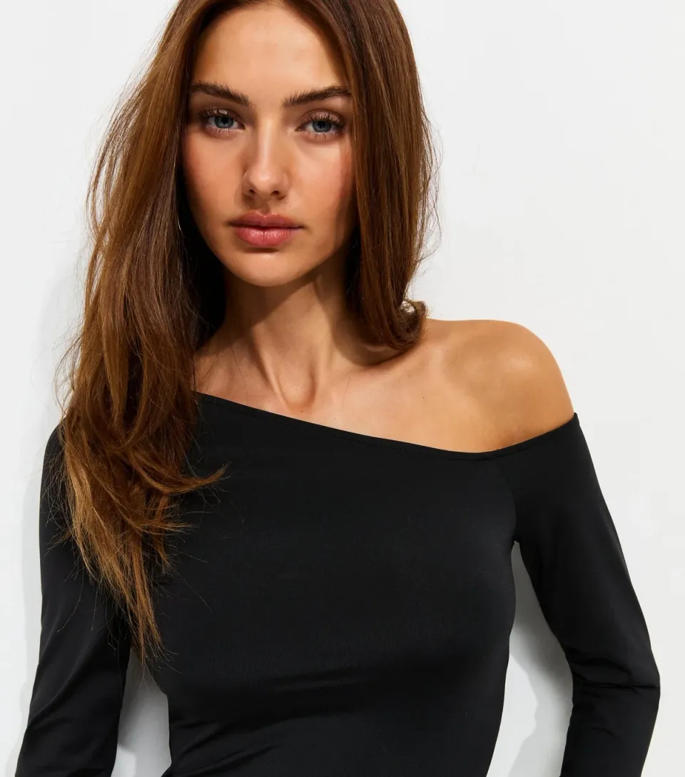 Women's Black Jersey Off Shoulder Long Sleeve Top