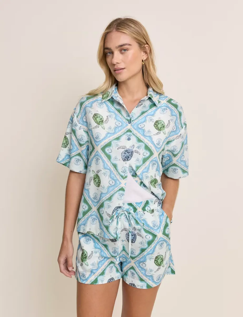Linen Rich Printed Shirt Blue