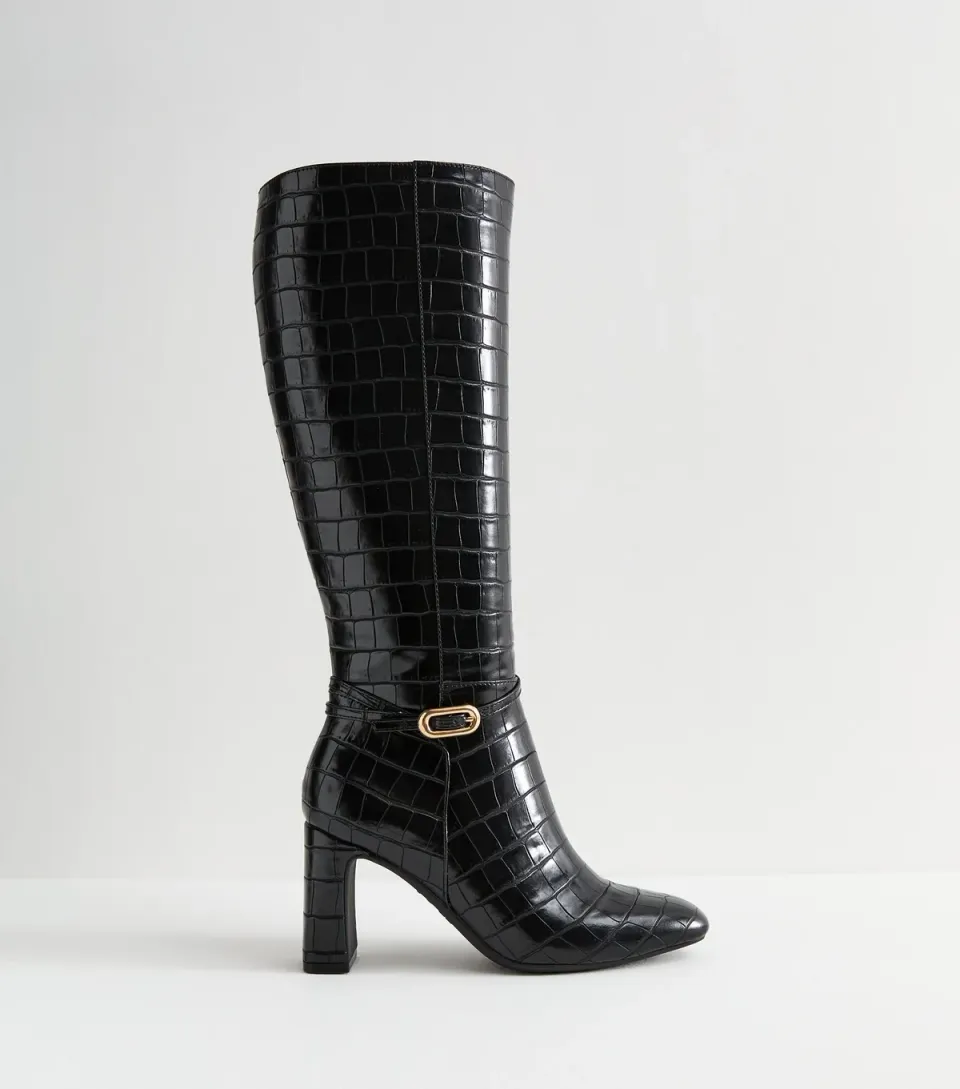 Women's Black Snakeskin Effect Faux Leather Knee High Boots Vegan