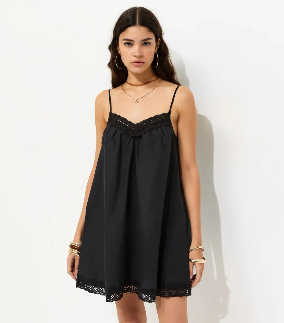 Women's Black Cotton Rich Lace Trim Strappy Smock Mini Dress