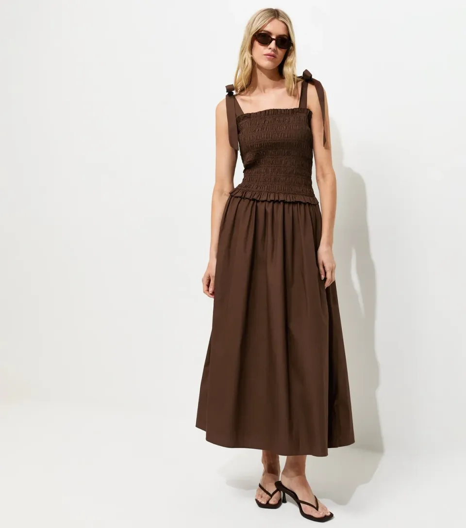 Women's Tall Dark Brown Shirred Tie Strap Midi Dress