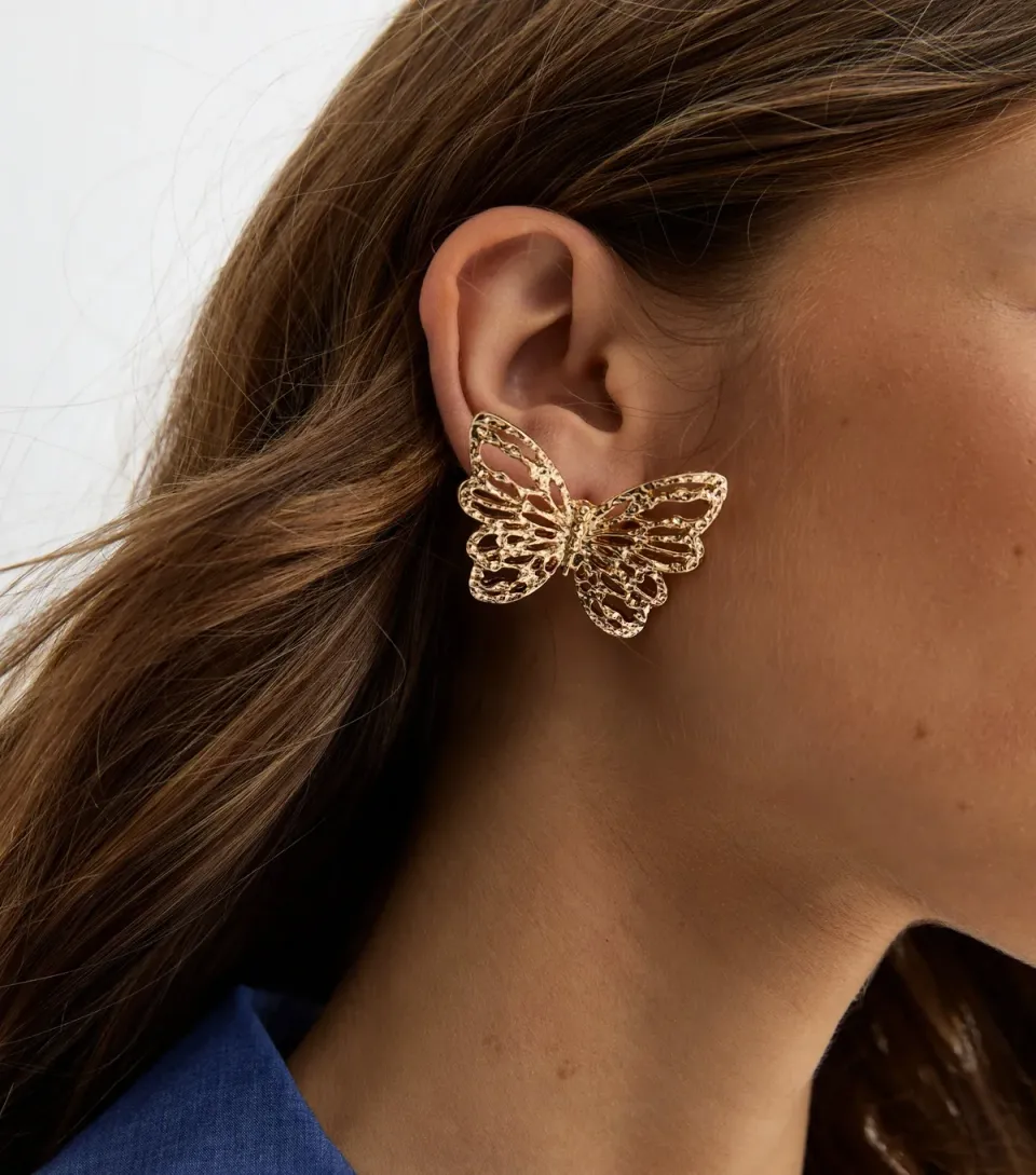 Gold Tone Large Beaten Butterfly Stud Earrings