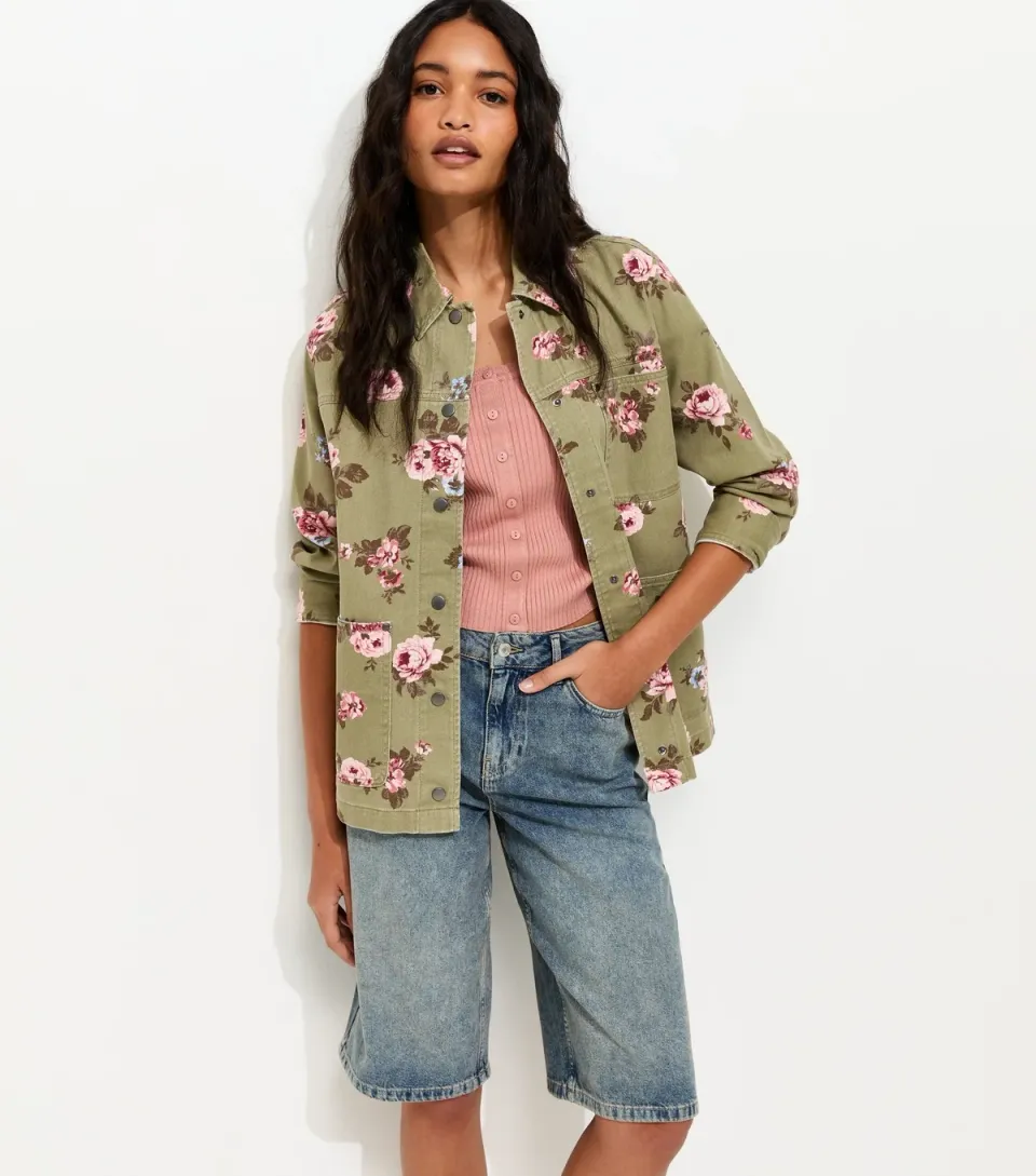 Women's Green Cotton Floral Longline Shacket