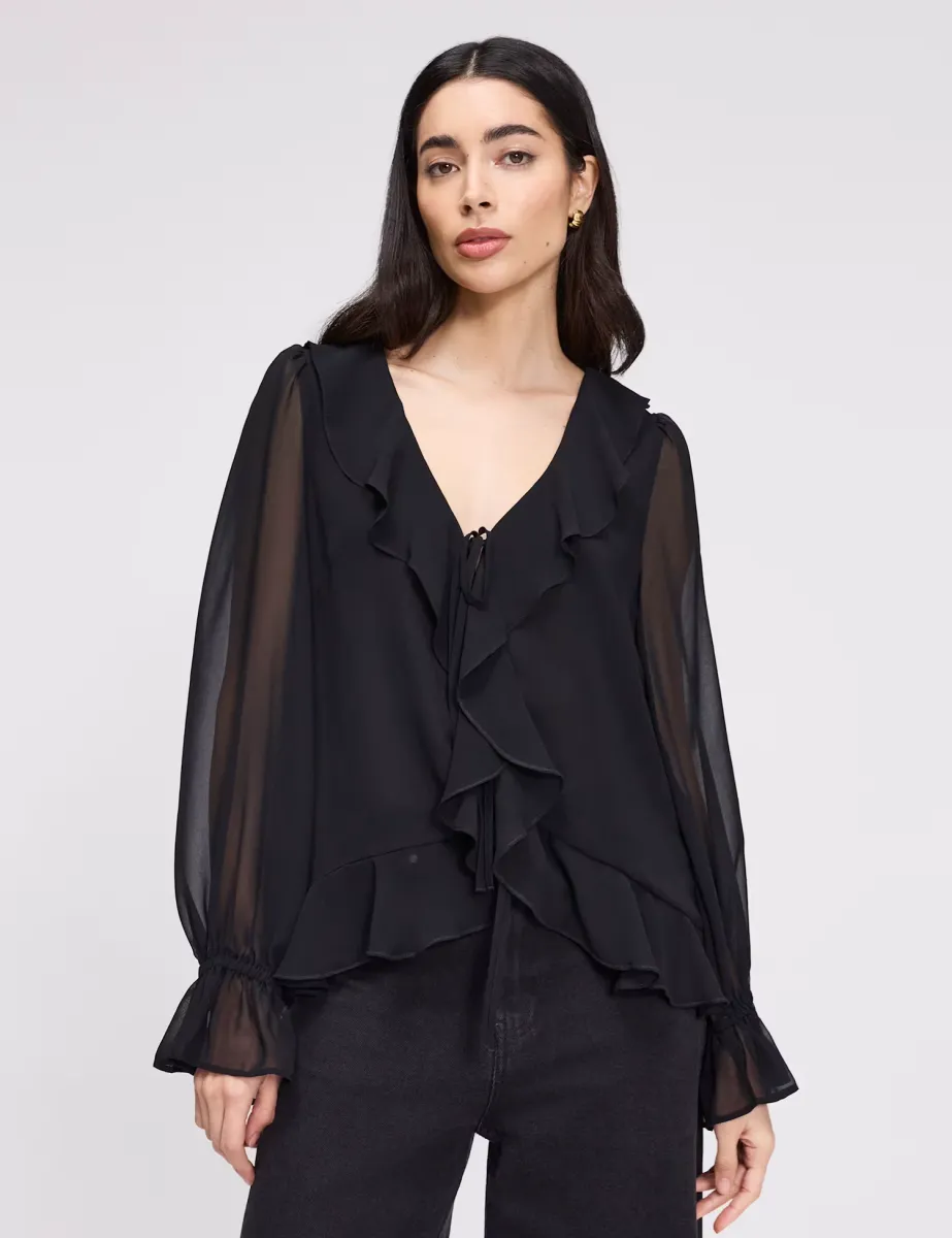 Chiffon V-Neck Ruffle Tie Front Blouse Black