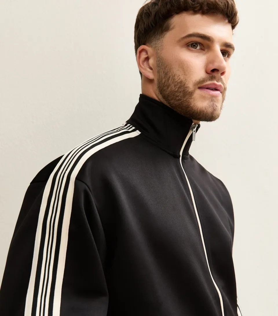 Men's Black Relaxed Fit Stripe Track Jacket