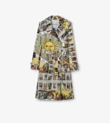 Long Tarot Print Silk Foxfield Trench Coat in Seaside blue