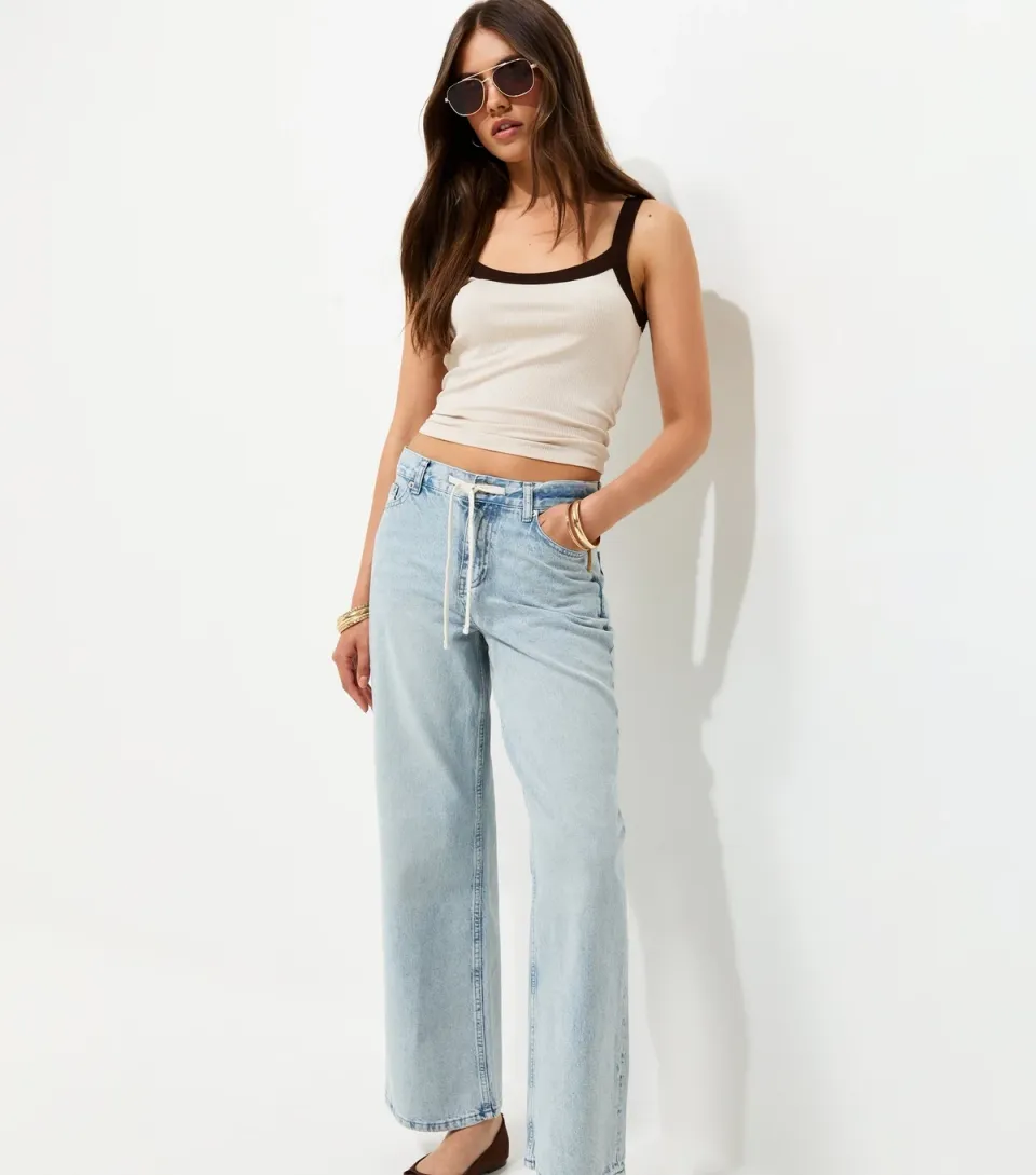 Women's Light Blue Drawcord Waist Wide Leg Denim Jeans