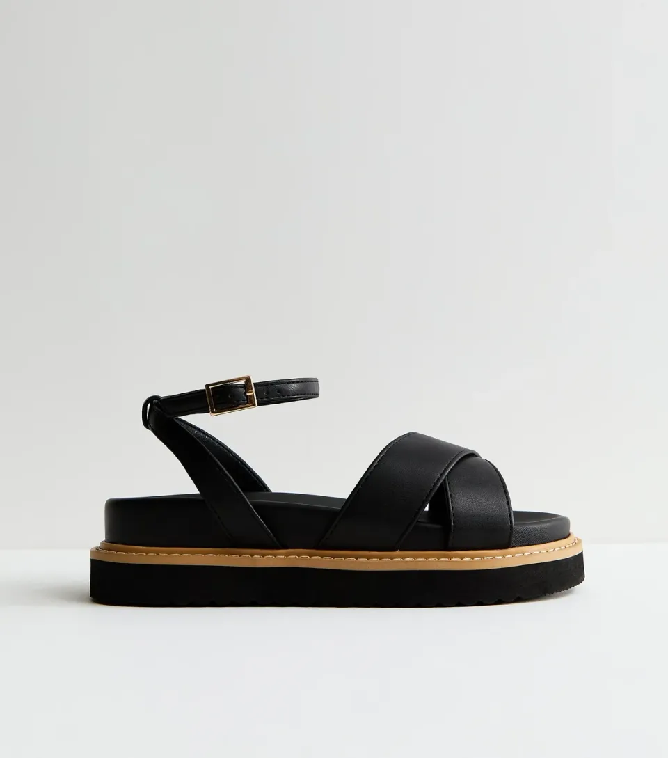 Women's Wide Fit Black Faux Leather Crossover Strap Sandals Vegan