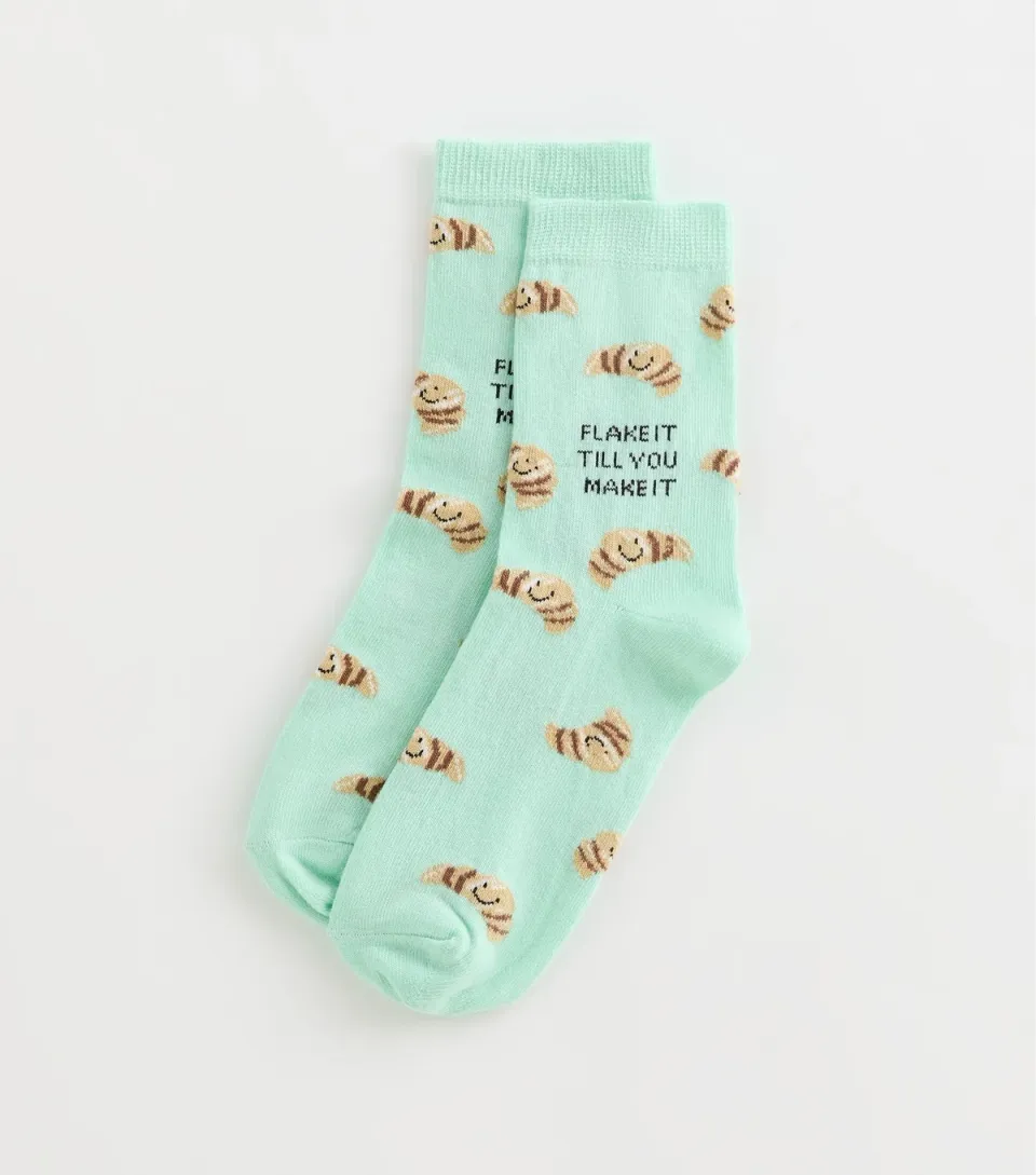 Mint Cotton Rich Flake It Till You Make It Croissant Pattern Socks
