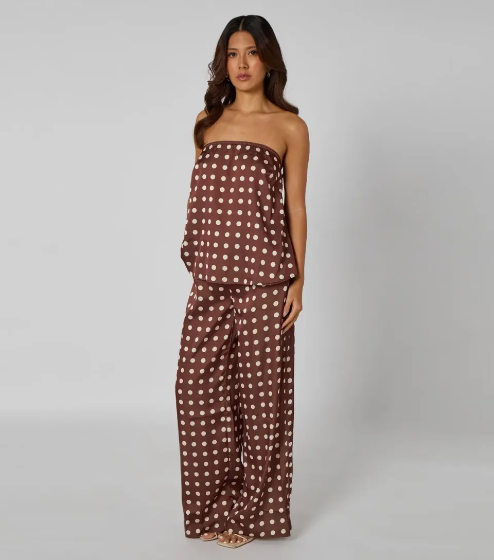 Women's Mid Brown Satin Polka Dot Trousers