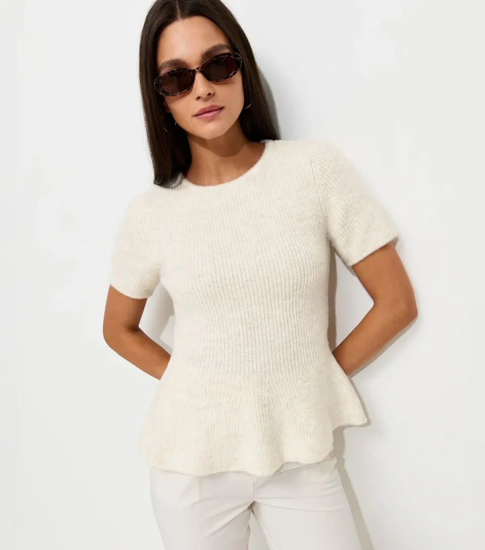 Women's Cream Ribbed Knit Peplum Hem T-Shirt
