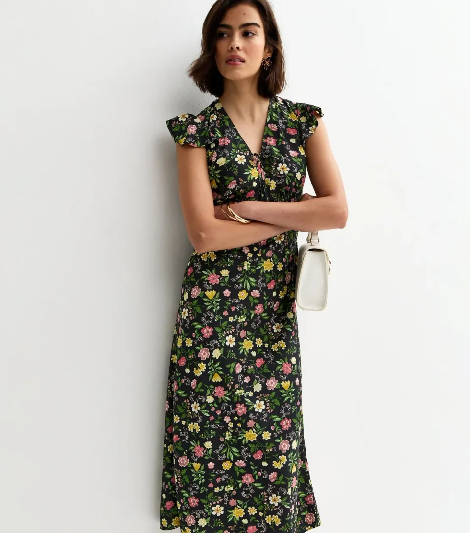 Women's Black Floral Tie Front Midi Dress