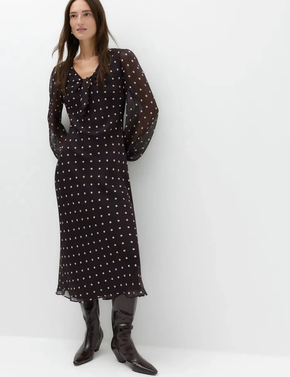 Chiffon Spot Print Midi Tea Dress Chocolate Mix