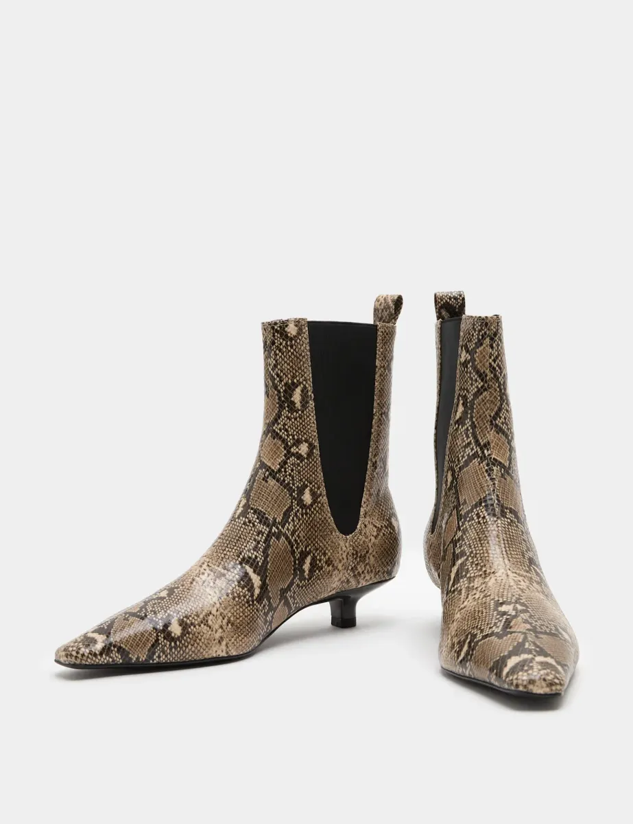 Chelsea Snake Print Kitten Heel Boots Brown Mix