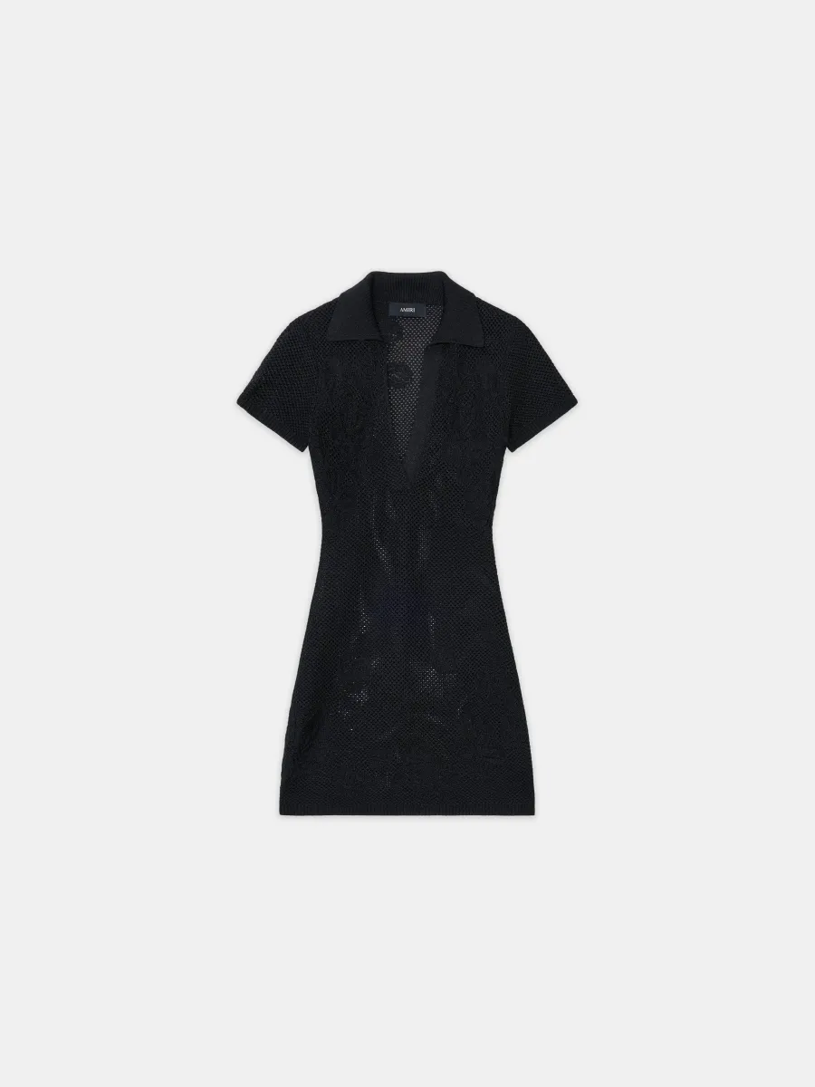 WOMEN - WOMEN'S FLORAL CROCHET POLO MINI DRESS - Black
