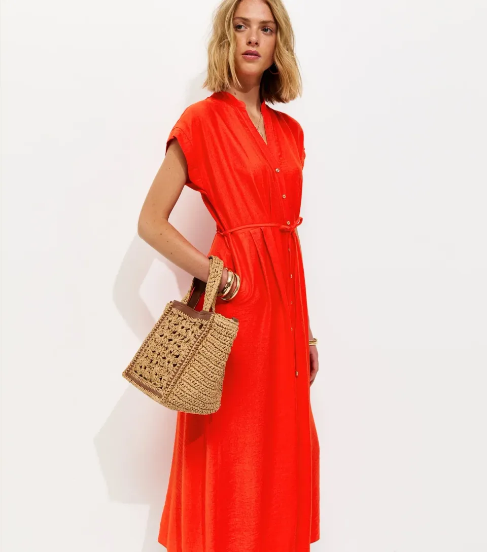 Women's Bright Red Toggle Shirt Midi Dress
