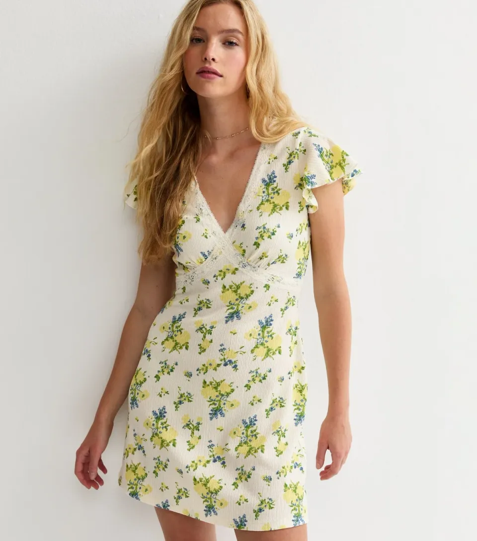 Women's Yellow Floral Print Lace Trim Mini Dress