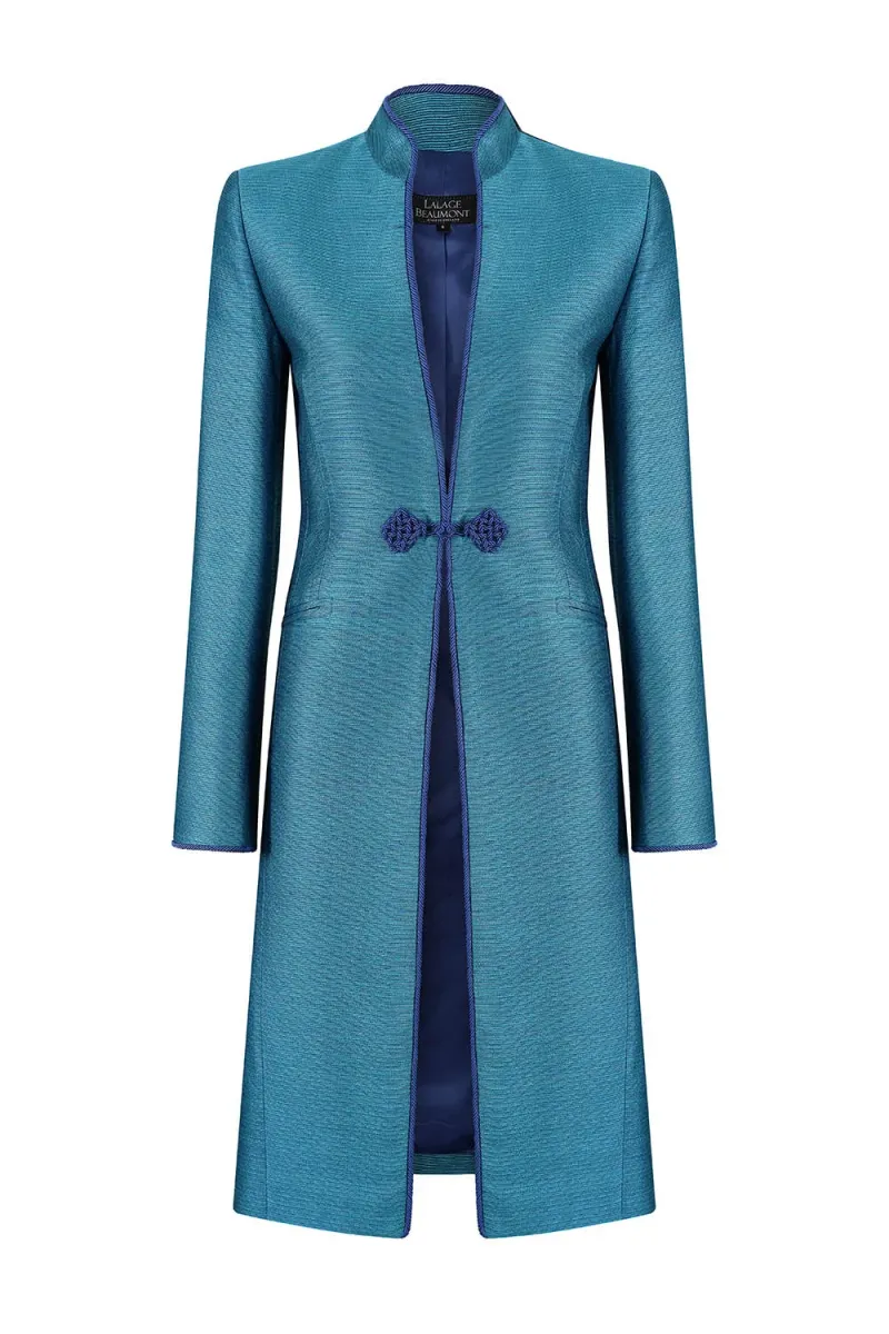 Jade Blue Plain Brocade Coat - Vicky