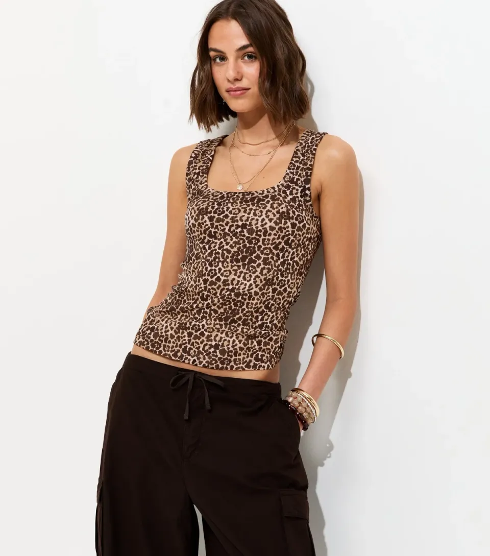 Women's Brown Leopard Print Square Neck Vest Top