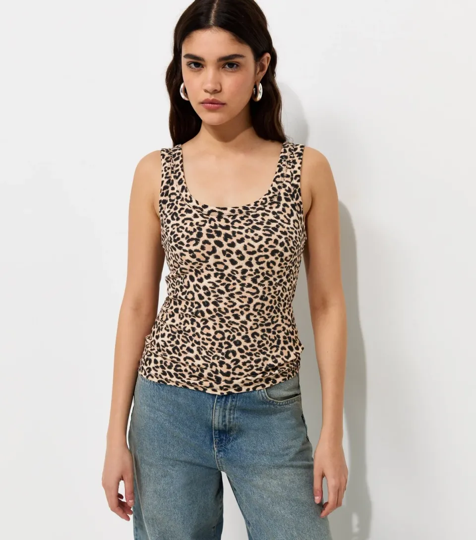 Women's Brown Cotton Rich Leopard Print Wide Strap Scoop Neck Vest