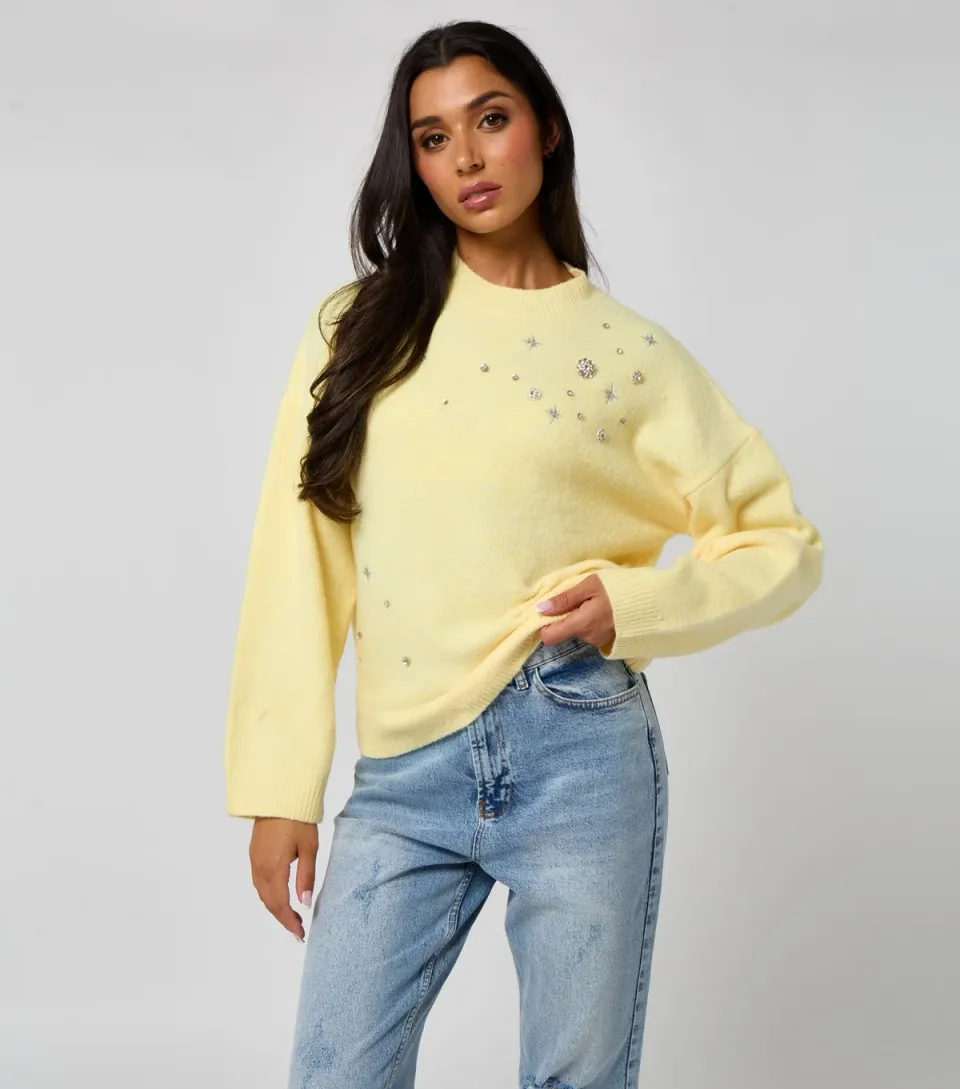 Women's Light Yellow Star Embroidered Diamante Embellished Jumper