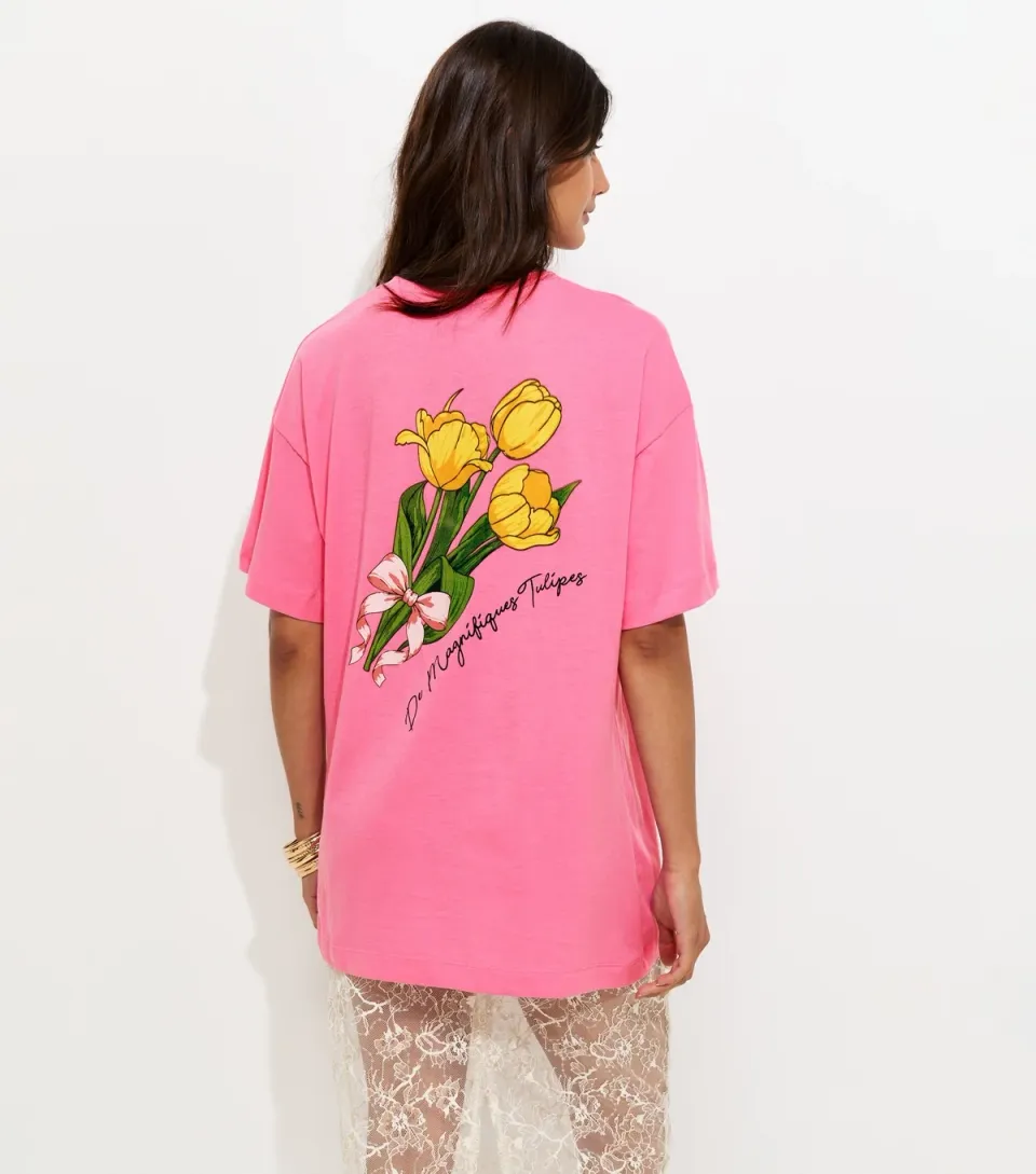 Women's Bright Pink Cotton Tulip Print Oversized T-Shirt