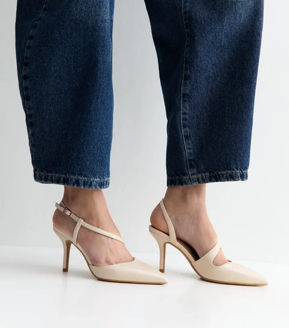 Women's Off White Faux Leather Asymmetric Strap Slingback Court Shoes Vegan