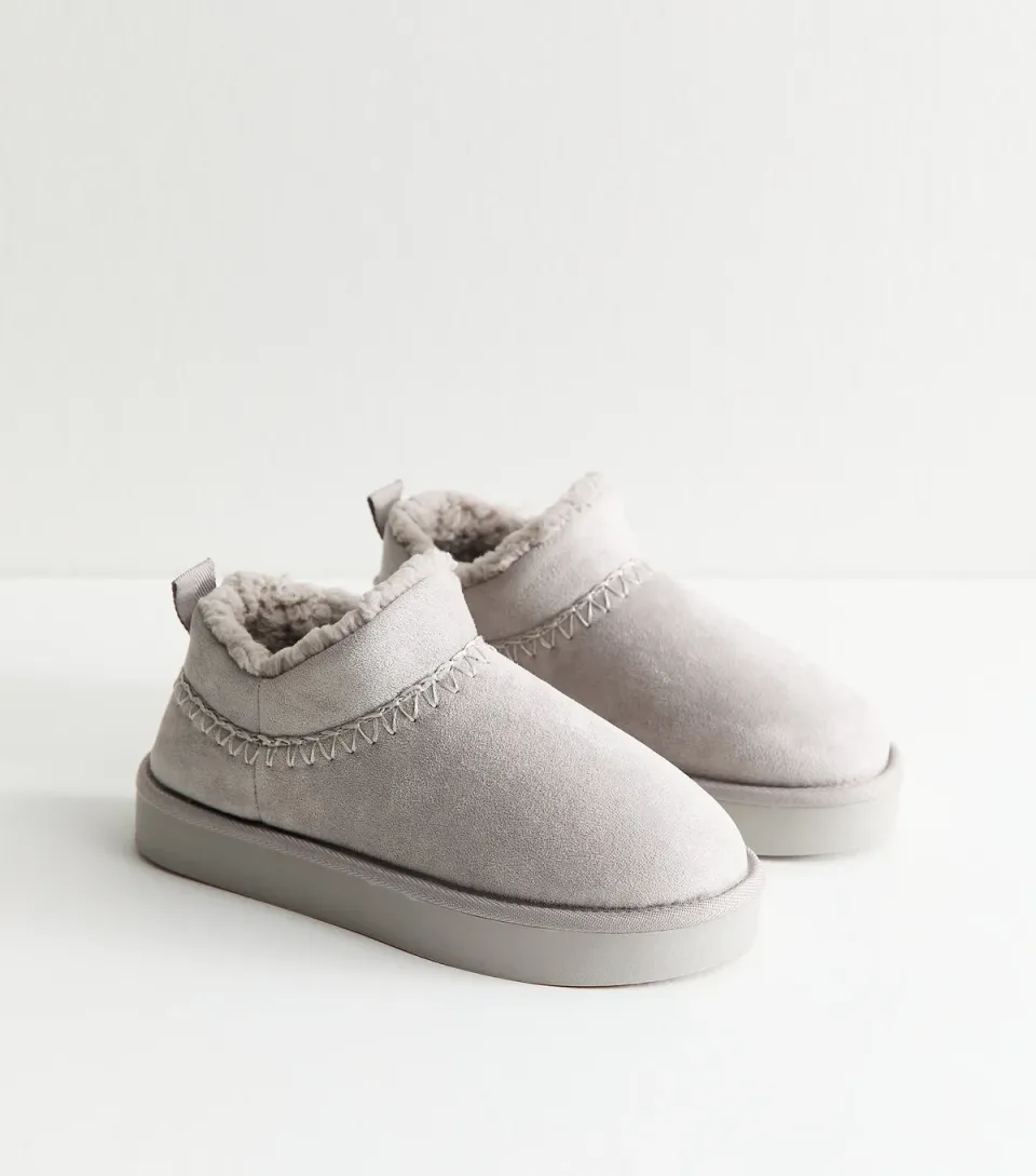 Women's Grey Faux Suede Faux Sherpa Lined Slipper Boots