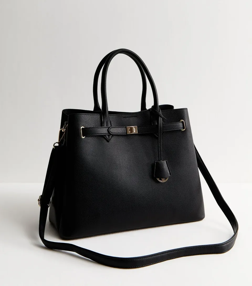 Black Faux Leather Triple Compartment Tote Bag