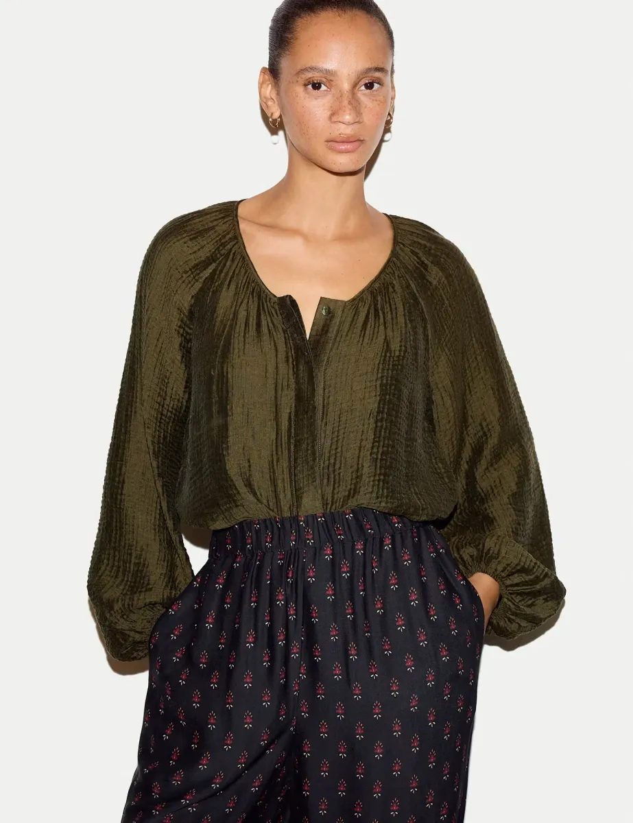 Textured Round Neck Regular Fit Top Olive