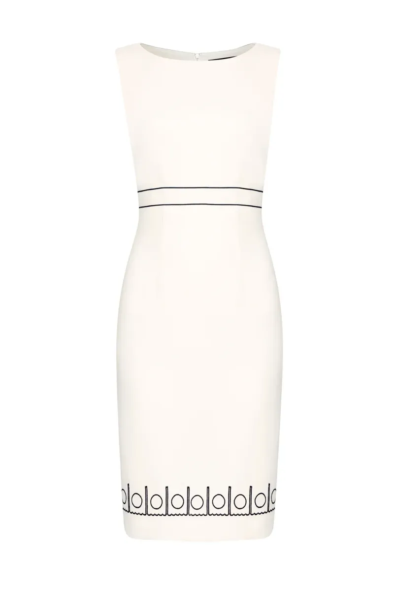 Sleeveless Ivory Faille Shift Dress with Black Embroidery Detail - Aude