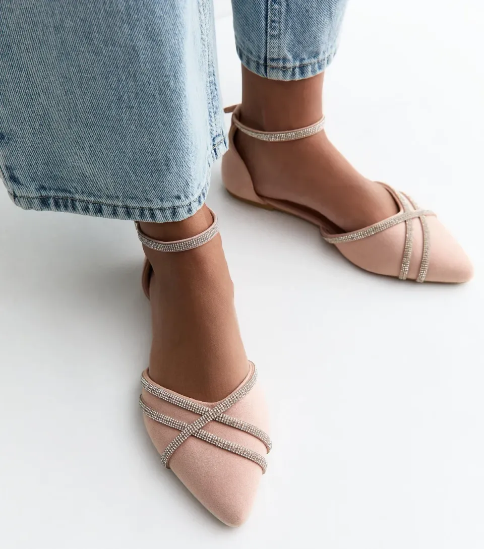 Women's Wide Fit Light Pink Faux Suede Bling Ballerina Pumps Vegan