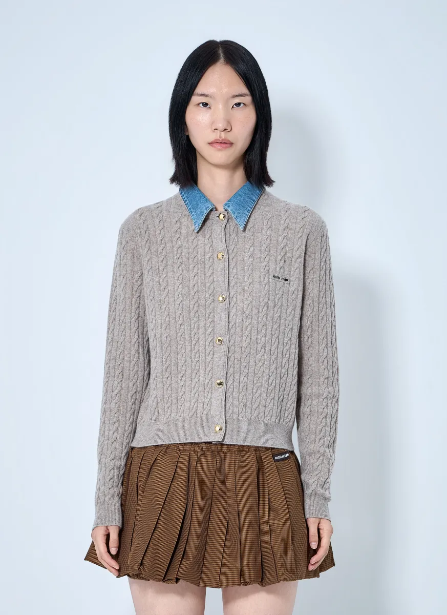 Cable Knit Cardigan with Denim Collar