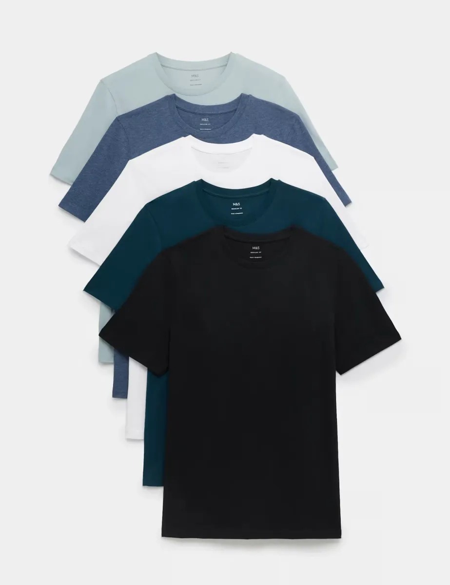 5 Pack Pure Cotton Crew Neck T-Shirts Soft Blue Mix