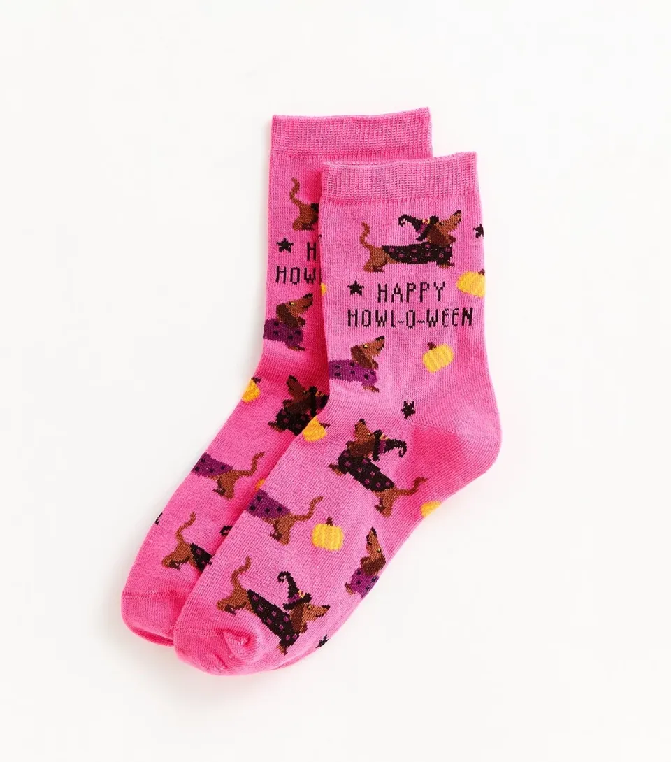 Bright Pink Happy Howl-O-Ween Dachshund Ankle Socks
