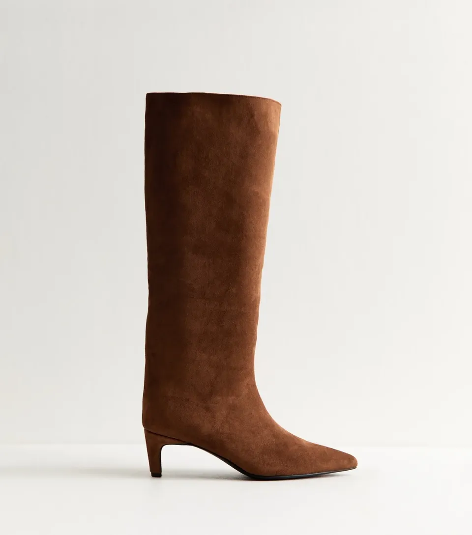 Women's Rust Faux Suede Low Stiletto Heel Knee High Boots Vegan